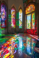 Wall Mural - A vibrant mosaic of colors illuminating a small chapel, with sunlight filtering through stained glass windows depicting saints, Generative AI