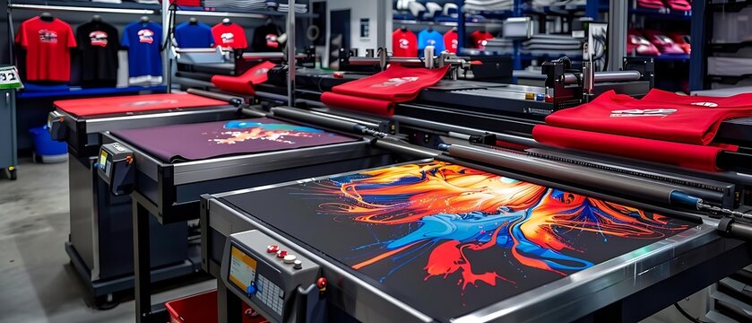 A factory with a machine that prints t-shirts
