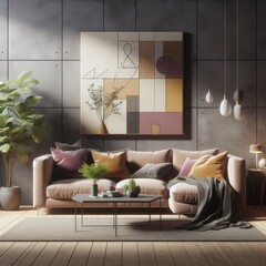 Wall Mural - A living room with a template mockup poster empty white and with a couch and a coffee table image realistic has illustrative meaning.