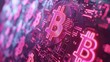 Close-up View of Bitcoin on Digital Circuit Board with Pink Neon Glow