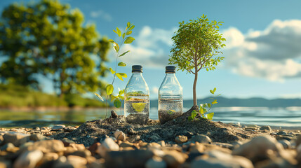 Two glass bottles with growing plants inside stand on rocky shore of lake against blurred background of green trees and blue sky with clouds