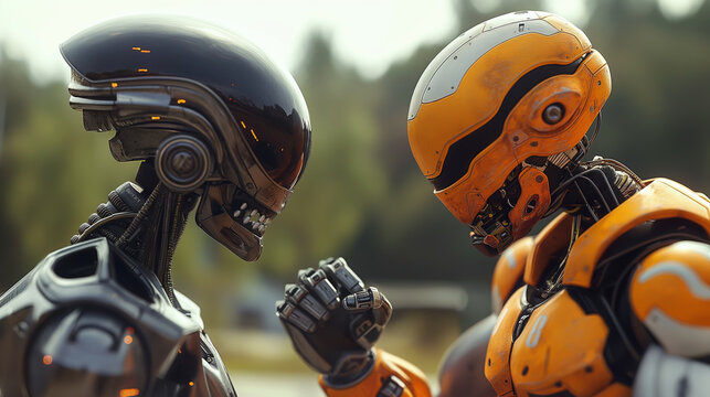 Two robots facing off in a field