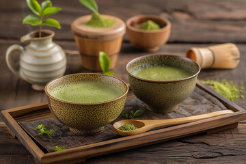 Two bowls of matcha green tea on a wooden table.