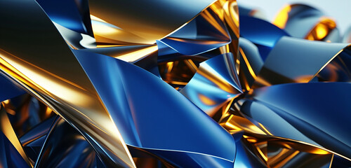 Futuristic allure electric blue, warm gold shapes contrast.