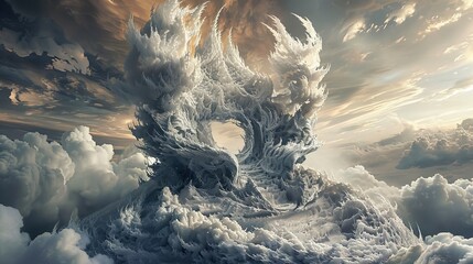 Wall Mural - A fluffy 3D depiction of a magical, swirly, ancient, legendary king's throne crafted from clouds and thunder