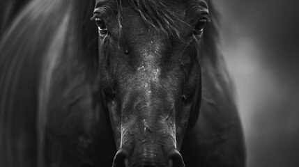 Monochrome photo of a black racehorse, front view, close-up of the head