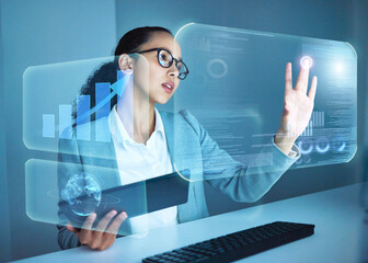 Leinwandbilder - Woman, tablet and chart for hologram and data with touch, information or finance with graph. Technology, dark or futuristic for female person, cybersecurity or accounting online for digital analysis