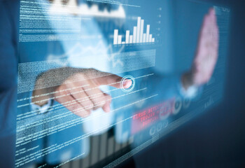 Leinwandbilder - Hand, software and hologram with coding, graphs and programming with click on dashboard in night. Person, charts and futuristic ux for analytics, insight and statistics for website growth in office