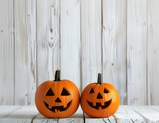 Orange halloween pumpkins on white planks, holiday decoration