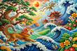 A captivating fusion of Asian traditional art and modern elements featuring a wave, tree, lion, and eagle design.