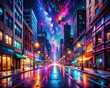 A city street illuminated by neon lights under a starry night sky, with a digital art twist, depicting urban vibrancy.