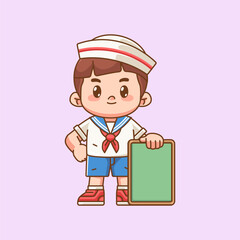 Cute boy wear sailor uniform hold blank space board for text kawaii chibi character mascot illustration