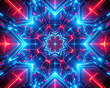 A blend of digital art and futuristic design, with red and blue neon lights forming a striking abstract pattern against a dark backdrop.