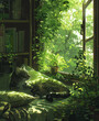The photo shows a cozy reading nook with a large window looking out onto a lush green forest