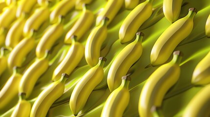 Poster - A close-up image of a bunch of ripe yellow bananas. The bananas are arranged in a diagonal pattern, with each banana overlapping the one below it.