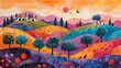 vibrant painting of a rolling hills landscape with a village, trees, and flowers