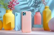 Three pastel color smartphone with tropical leaf shadow on the wall. Pink, blue and yellow pastel colors.