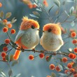 Two cute birds sitting on a branch with red berries.