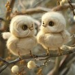 Two cute and fluffy owlets are sitting on a branch and looking at each other