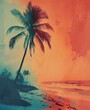 vibrant watercolor painting of palm trees on a tropical beach at sunset