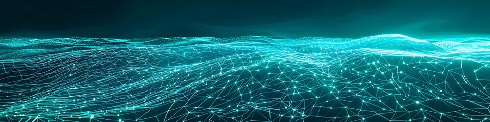 An expansive digital mesh where nodes in bright turquoise are interconnected by flowing teal lines against a deep sea background