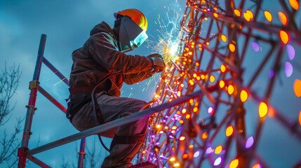 Wall Mural - A welder on a scaffold welding parts of a large outdoor sculpture.