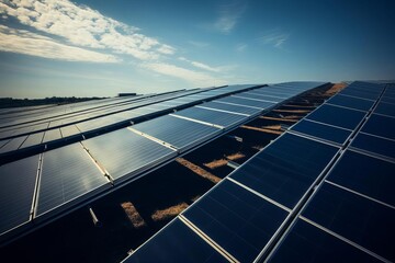 Large solar panels farm producing clean renewable energy under blue sky.