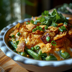Wall Mural - Fried potato with green beans and cheese in a bowl on a wooden table