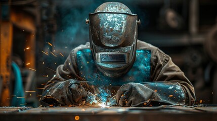 Wall Mural - A welder in protective gear focusing intensely on a delicate repair job.