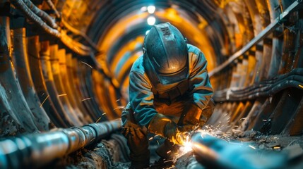 Wall Mural - A welder in a trench welding a part of an underground infrastructure.