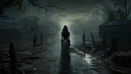 Wall Mural - Ghostly Woman Standing Alone in an Abandoned Flooded Old-Fashion Moonlit Town
