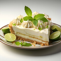 Wall Mural - Lime cake with mint and lime slices on plate. closeup