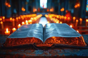 Wall Mural - Open holy bible book with glowing lights in church