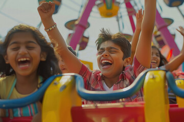 children and adults enjoying in the ride of roller coaster