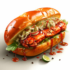 Wall Mural - Hot dog with crab and salad on a white background. 3D illustration.