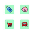 Sale line icon set. Discount tag, shopping cart for profitable purchases, piggy bank and auto loan. Savings money concept. Vector illustration for web design