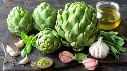 Wall Mural -   An artful arrangement of artichokes, garlic, and garlic oil on a cutting board