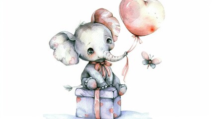 Sticker -   A watercolor painting of a baby elephant holding a balloon and sitting on a gift box with a butterfly on its tail