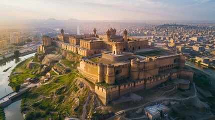 Wall Mural - Aerial view of the Erbil Citadel in Iraq, showcasing the ancient fortified settlement with its historic buildings and surrounding modern cityscape.     
