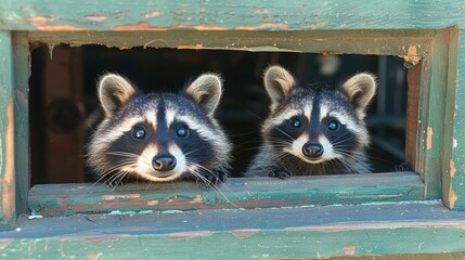 Poster -   Two raccoons peeking out the window sill, head first