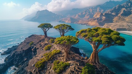 Wall Mural - Aerial view of the Socotra Island in Yemen, showcasing the unique dragon blood trees, pristine beaches, and diverse marine life.     