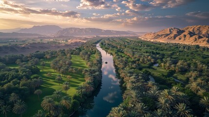 Sticker - Aerial view of the Al Ain Oasis in the UAE, showcasing the extensive palm groves, traditional falaj irrigation system, and surrounding desert landscape.     