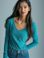 Wall Mural - beautiful model posing in the long sleeve t shirt and jeans