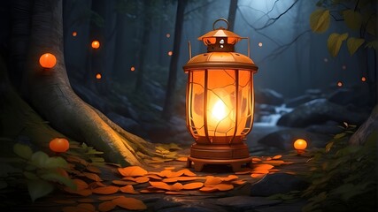 Wall Mural - The Orange Lantern: Write a story about an orange lantern lighting up the darkness of a forgotten forest. Follow the path of a lost traveler who stumbles upon the lantern and is guided to safety by it