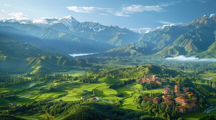 Wall Mural - Aerial view of the Shangri-La in Yunnan, China, showcasing the lush green valleys, traditional Tibetan villages, and the surrounding snow-capped mountains.     