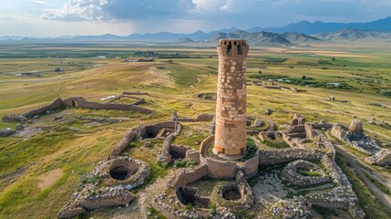 Wall Mural - Aerial view of the Burana Tower in Kyrgyzstan, showcasing the ancient minaret with the surrounding ruins of the medieval city of Balasagun.     