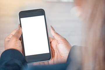 Aufkleber - Woman, hands and cellphone screen for business, communication and networking in office with mockup space. African female person, technology and mobile for social media, marketing and contact ui