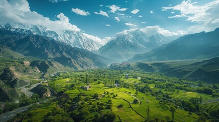 Wall Mural - Aerial view of the Hunza Valley in Pakistan, featuring its lush green valley surrounded by snow-capped peaks and traditional villages.     