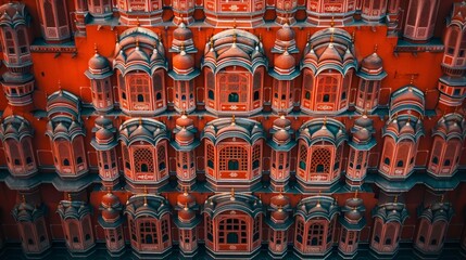 Wall Mural - Aerial view of the Hawa Mahal in Jaipur, India, with its stunning pink sandstone facade and intricate lattice windows.     