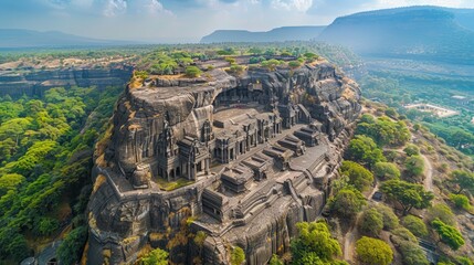 Wall Mural - Aerial view of the Ajanta Caves in India, showcasing the rock-cut Buddhist cave monuments set in a horseshoe-shaped gorge.     